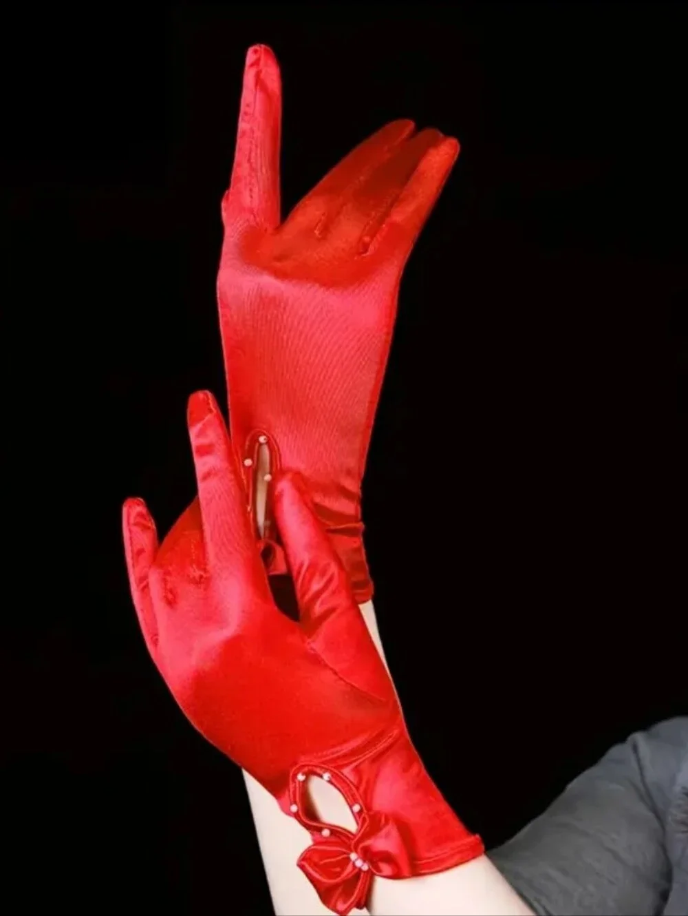Elegant Red Satin Short Wrist Length Evening Gloves W/Bow & Faux Pearl Detail